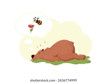 Vector illustration of a sleeping brown bear dreaming of flowers and bees.