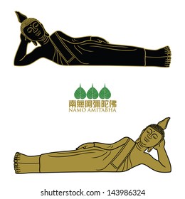 Vector illustration of sleeping buddha figure. Chinese Calligraphy Namo Amitabha, Translation: meaning homage to the Amitabha Buddha, and the name Amitabha means boundless light & infinite life.