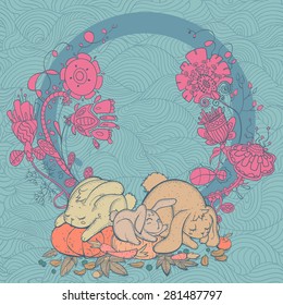 vector illustration of  sleeping Bunnies family on vegetable with cute vintage frame on background