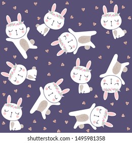 Vector illustration with sleeping bunnies and sparkle hearts. Seamless colorful pattern. Can be used for printing industry, fabrics, baby things and other.