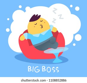 Vector illustration of sleeping business man in red arm chair on blue background. Relaxing cartoon character concept. Flat style design of leader person for web, banner, business presentation