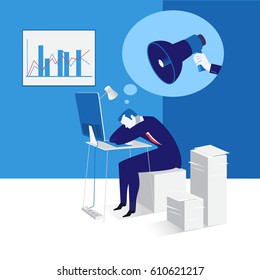 Vector illustration of sleeping businessman at work. Office worker sitting on papers in front of laptop. Human hand holding megaphone. Flat style design.