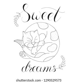 vector illustration sleeping cat on white background with calligraphy