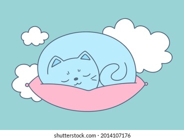 Vector illustration of a sleeping cat on a pillow in the clouds. Cartoon style. Pastel shades.