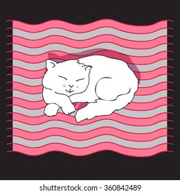 Vector illustration with sleeping cat on a striped mat.