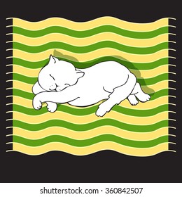 Vector illustration with  sleeping cat on a striped mat.
