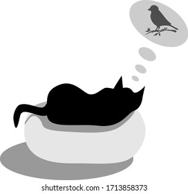 Vector Illustration Of A Sleeping Cat Who Dreams Of A Bird. The Image Of The Animal In A Flat Style.  Sleep Dormouse Kitty.