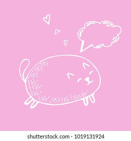 Vector illustration of sleeping character cat with mind cloud on pink background. Hand draw line art design for web, site, advertising, banner, poster, board, print and card.