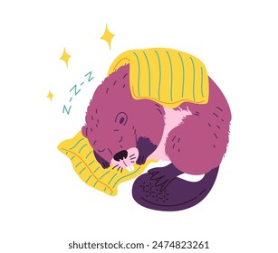 Vector illustration of a sleeping cute beaver lying on a pillow, covered with a blanket on a white background with stars. An image of a nature carpenter