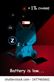 Vector illustration of a sleeping cute character. A cute cartoon cat sits, sleeps and restores its energy, like a battery to a smartphone during sleep.