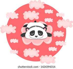 Vector illustration with sleeping or dreaming panda in pink clouds. Baby, children, kawaii print.