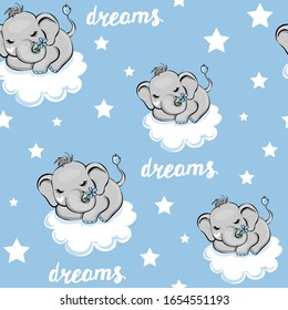 Vector illustration of a sleeping elephant on a cloud, stars and dreams inscription seamless pattern on a blue background