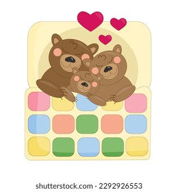 vector illustration sleeping family of braun cartoon bears under a patchwork quilt blanket in bed