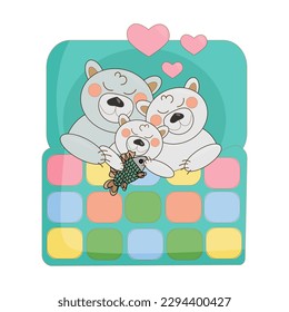 vector illustration sleeping family of polar cartoon bears under a patchwork quilt blanket in bed