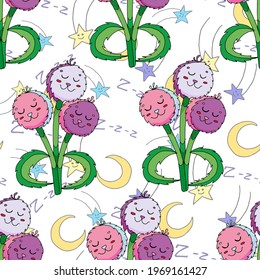 Vector illustration of sleeping flowers on a background of stars and the moon. For printing on children's textiles, packaging products