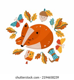 Vector illustration of a sleeping fox with additional autumn elements - house, acorn, autumn leaves, teapot, moth, butterfly. collection of beautiful illustrations autumn theme, elements of nature, pl