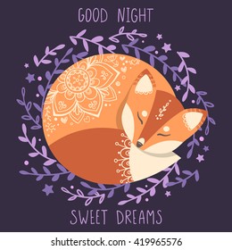 Vector illustration with sleeping fox. Cute card with good night wish