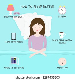 Vector illustration with sleeping girl in bed on pillows and inscription "How to sleep better". Rules and useful tips for a good night and healthy sleep. For infographic of problem with insomnia.