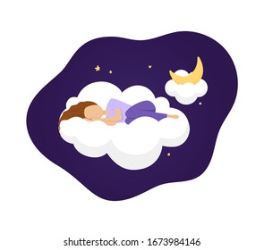 Vector illustration of sleeping girl on cloud at night. Moon and stars. Melatonin