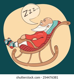 vector illustration of a sleeping grandpa in rocking chair in striped socks and red shirt