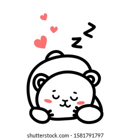 Vector illustration of sleeping happy cute bear on white background with heart. Line art style design of bear for web, site, valentine day banner, greeting card