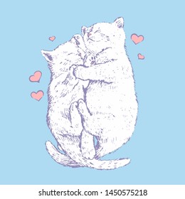 Vector illustration of sleeping kittens  with heart in graphic style on blue background