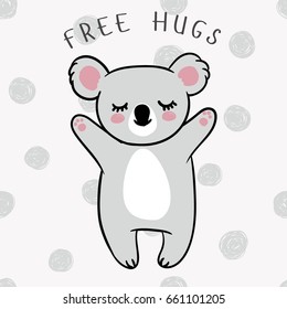 Vector illustration of a sleeping koala with closed eyes on a seamless background with hand drawn sketch dots. Doodle polka dot texture as a backdrop.Animal of Australia. Free hugs. Baby shower