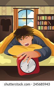 A vector illustration of sleeping man turning off alarm