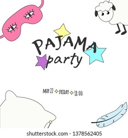 Vector illustration with sleeping mask, sheep, feather, pillow and inscription Pajama Party in bright colors. Sleepover, pajama party Invitation, template inviting for slumber pyjama overnight card. 