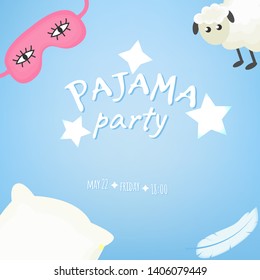 Vector illustration with sleeping mask, sheep, feather, pillow and inscription Pajama Party in soft colors. Sleepover, pajama party Invitation, template inviting for slumber pyjama overnight card. 