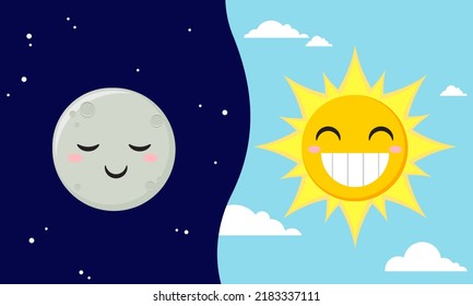 vector illustration of a sleeping moon and a cheerful sun, flat design of the moon and sun