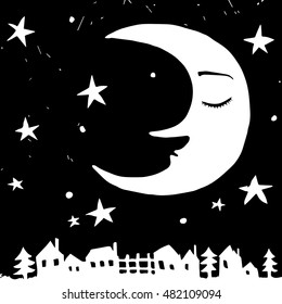 Vector illustration with sleeping moon, tiny houses, spruces and stars. Black and white.