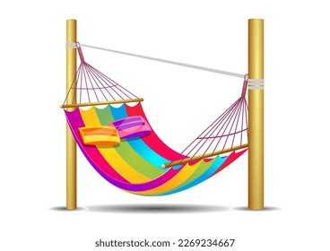 Vector illustration of a sleeping net display for relaxing in nature tied to a tree trunk in flat design style and rainbow color combination.