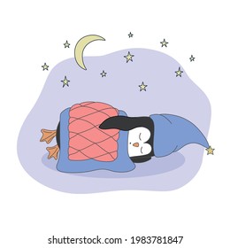 Vector illustration of a sleeping penguin in a cap under the stars and the moon. Character for children's illustration