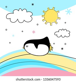 Vector illustration. Sleeping penguin on a rainbow, sun and clouds. Cartoon style. eps 10