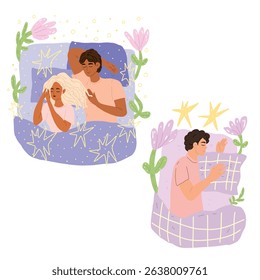 Vector illustration with sleeping people on white background. Set with loving couple and guy sleeping peacefully in their bed on pillow surrounded by stars and flowers from dream.
