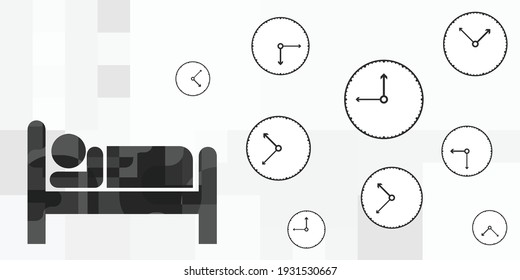 vector illustration of sleeping person and clocks for proper resting schedule and biorhythms 