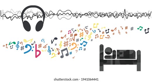 vector illustration of sleeping person and musical notes and headphones method against insomnia  svg