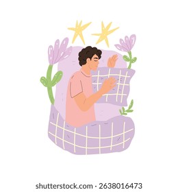 Vector illustration with sleeping person in pajamas on white background. Young man sleeping peacefully in his bed hugging his pillow surrounded by stars and flowers from a dream.