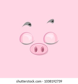 Vector illustration of the sleeping pig face with close eyes on pink background.