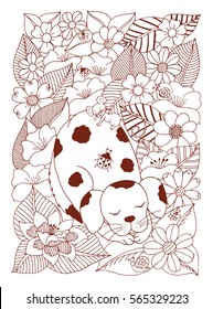 Vector illustration sleeping puppy and mouse among the flowers. Work done by hand. Book Coloring anti-stress for adults and children.Brown and white.