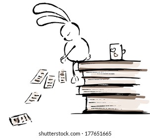 Vector illustration, sleeping rabbit and books