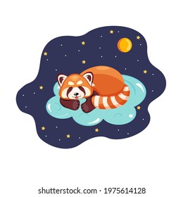 Vector illustration of a sleeping red panda on a blue cloud, against the background of the starry sky. Cute picture of a wild animal in cartoon style. 
