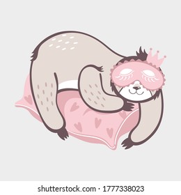 Vector illustration of a sleeping sloth. Sloth bear girl sleeps on a pillow wearing a face mask. Children's cute illustration.