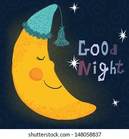 Vector illustration of sleeping smiling moon in the nightcap