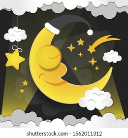 Vector Illustration Of Sleeping Smiling Moon In The Nightcap Vector Suitable For Greeting Card, Poster Or T-shirt Printing.