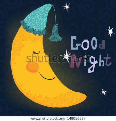 Vector illustration of sleeping smiling moon in the nightcap