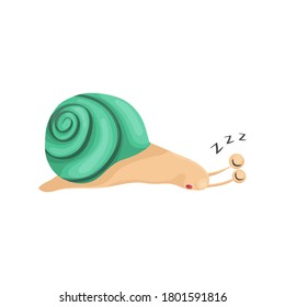 Vector illustration of a sleeping snail with a turquoise-green shell in a cartoon style. The snail is resting, the funny slug in the sink is tired and lay down, snoring