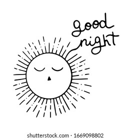 Vector illustration of sleeping sun. Drawn by hands in  doodle style. For design of surfaces, prints, wrapping paper, cards, posters, banners, printing. Theme cosmos, sun, astronomy, night