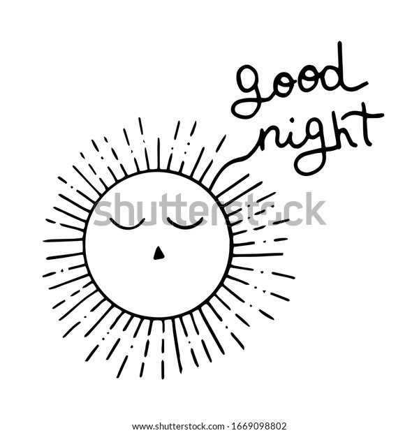 Vector illustration of sleeping sun. Drawn by hands\
in  doodle style. For design of surfaces, prints, wrapping paper,\
cards, posters, banners, printing. Theme cosmos, sun, astronomy,\
night